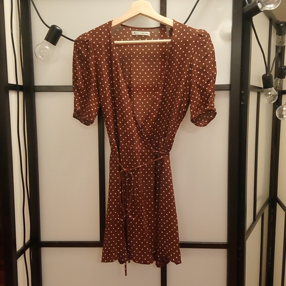 Lucky Dress from Reformation in rare coffee polka dot print